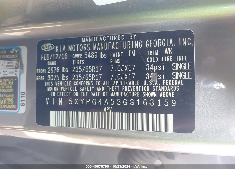 2016 KIA SORENTO 3.3L LX VIN: 5XYPG4A55GG163159