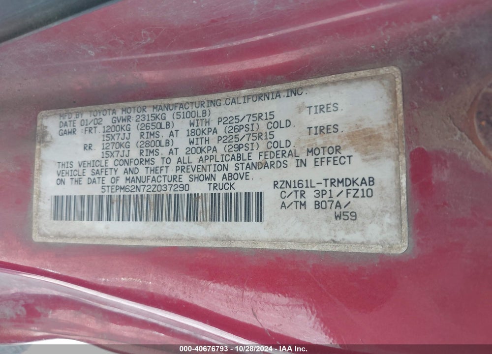 2002 TOYOTA TACOMA VIN: 5TEPM62N72Z037290