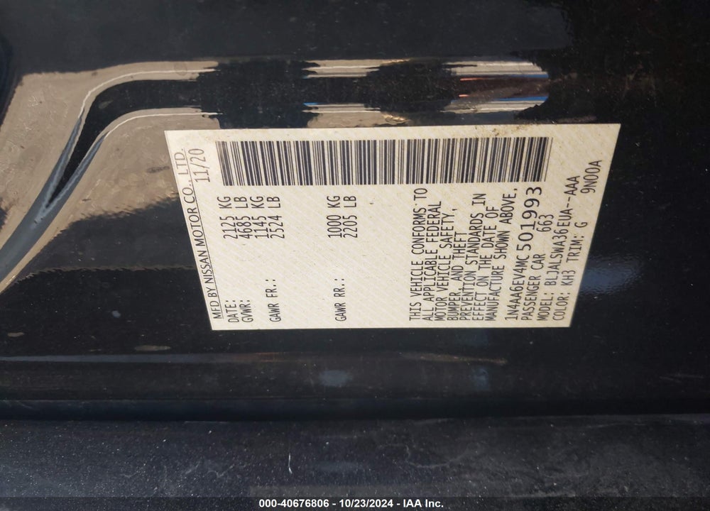 2021 NISSAN MAXIMA SR XTRONIC CVT VIN: 1N4AA6EV4MC501993