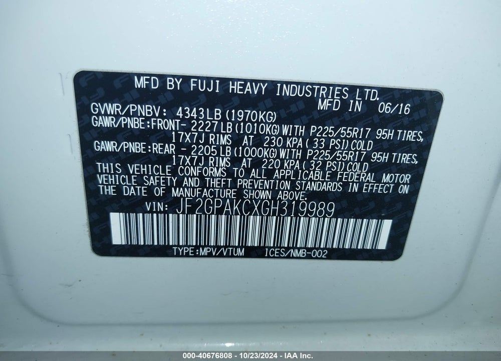 2016 SUBARU CROSSTREK LIMITED VIN: JF2GPAKCXGH319989