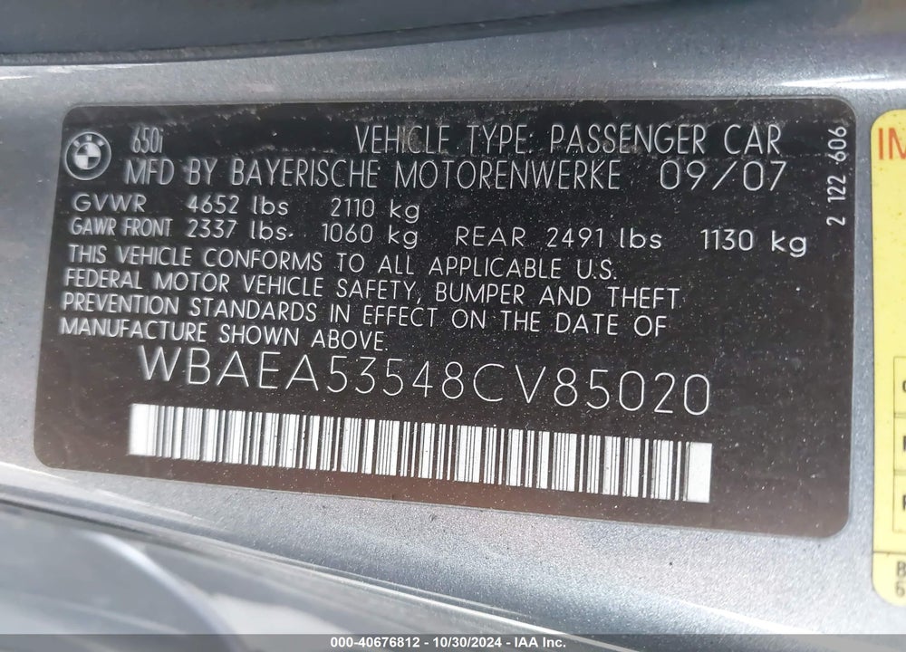 2008 BMW 650I VIN: WBAEA53548CV85020