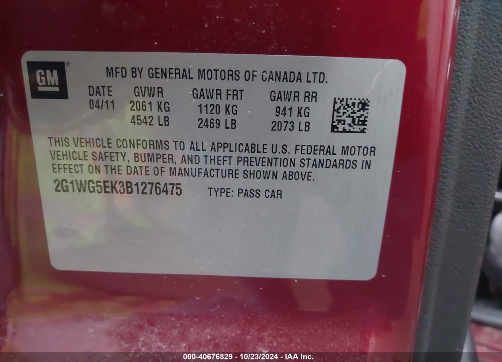 2011 CHEVROLET IMPALA LT VIN: 2G1WG5EK3B1276475
