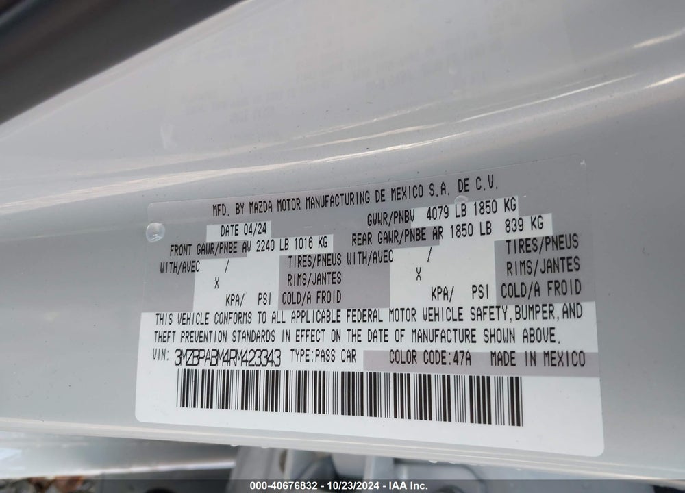 2024 MAZDA 3 2.5 S SELECT SPORT VIN: 3MZBPABM4RM423343