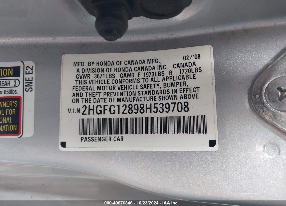 2008 HONDA CIVIC EX VIN: 2HGFG12898H539708