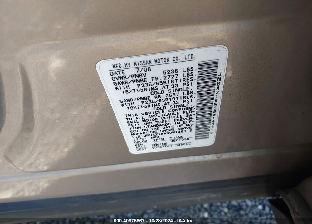 2009 NISSAN MURANO SL VIN: JN8AZ18W39W146318
