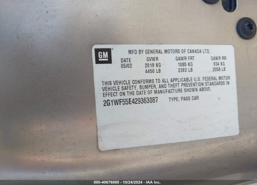 2002 CHEVROLET IMPALA VIN: 2G1WF55E429363087