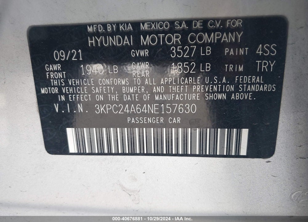 2022 HYUNDAI ACCENT SE VIN: 3KPC24A64NE157630