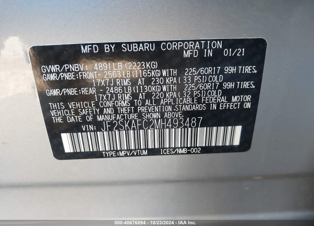 2021 SUBARU FORESTER PREMIUM VIN: JF2SKAFC2MH493487