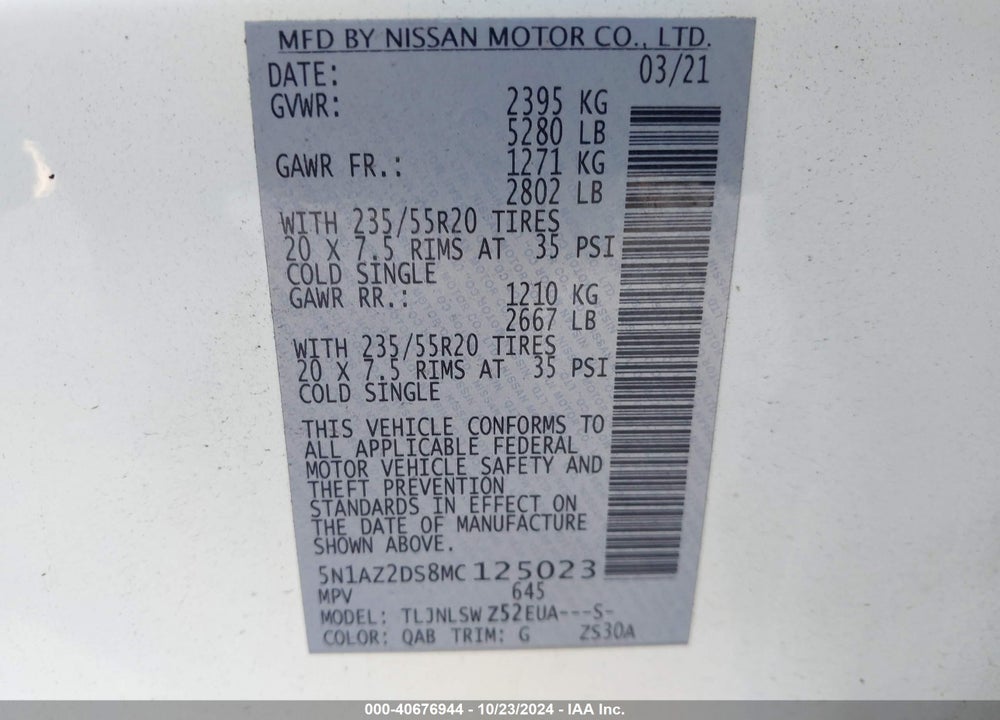 2021 NISSAN MURANO PLATINUM INTELLIGENT AWD VIN: 5N1AZ2DS8MC125023