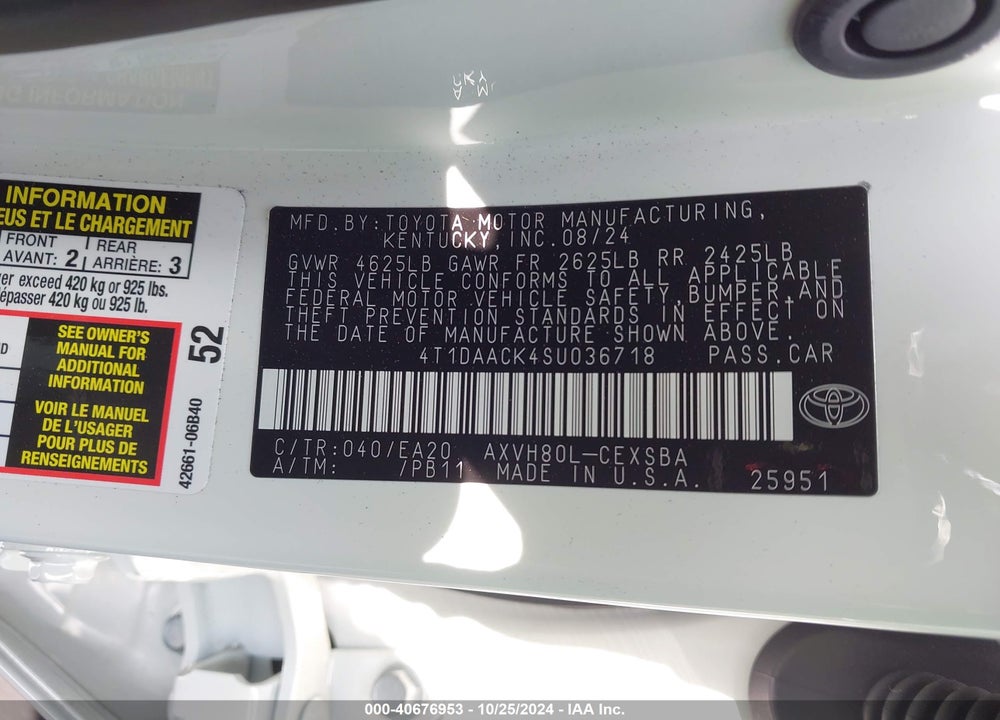 2025 TOYOTA CAMRY SE VIN: 4T1DAACK4SU036718