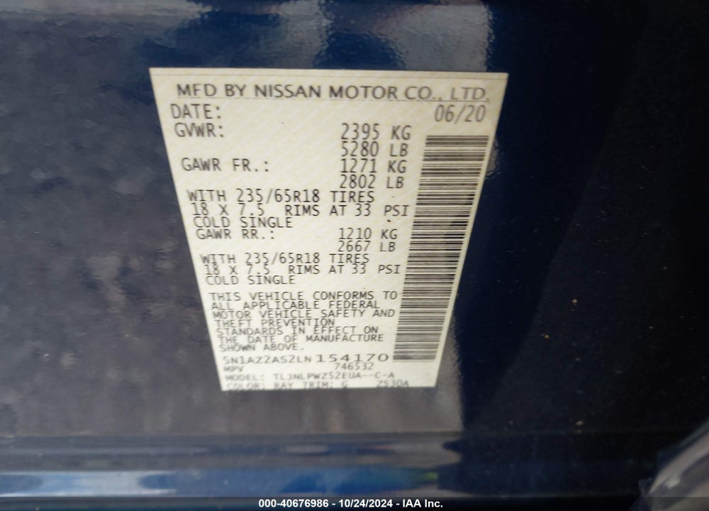 2020 NISSAN MURANO S INTELLIGENT AWD VIN: 5N1AZ2AS2LN154170