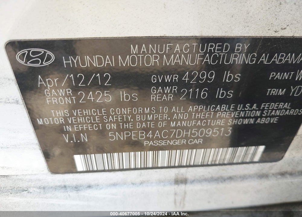 2013 HYUNDAI SONATA GLS VIN: 5NPEB4AC7DH509513