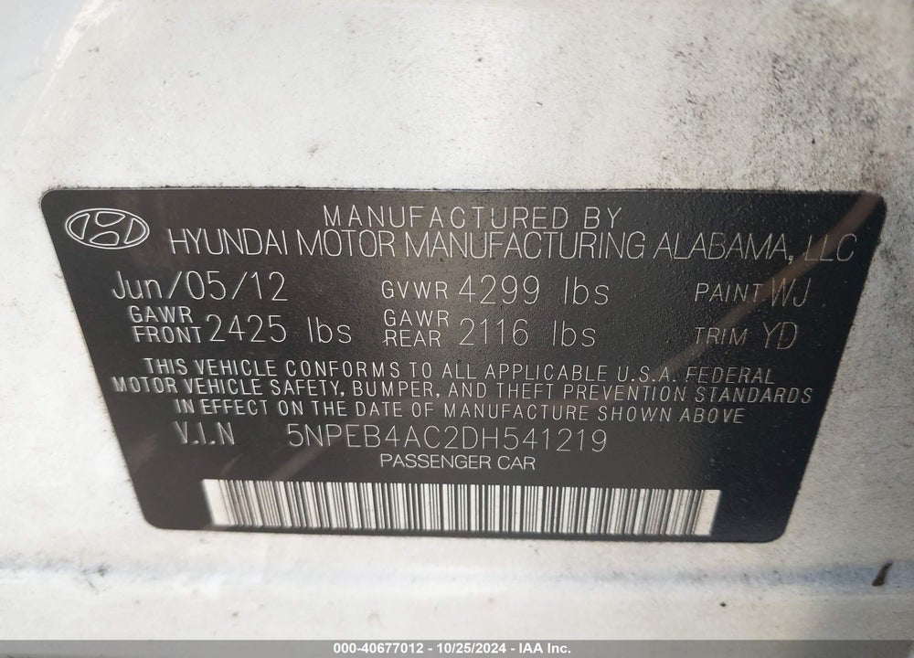 2013 HYUNDAI SONATA GLS VIN: 5NPEB4AC2DH541219