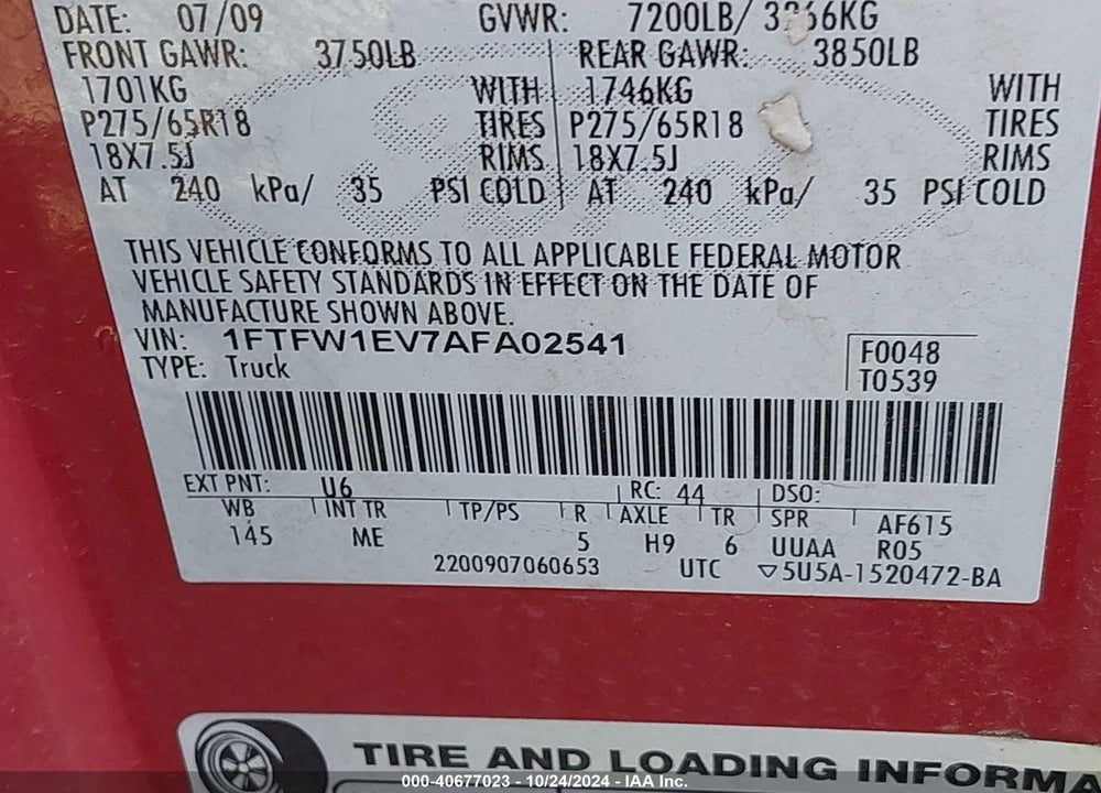 2010 FORD F-150 XLT VIN: 1FTFW1EV7AFA02541