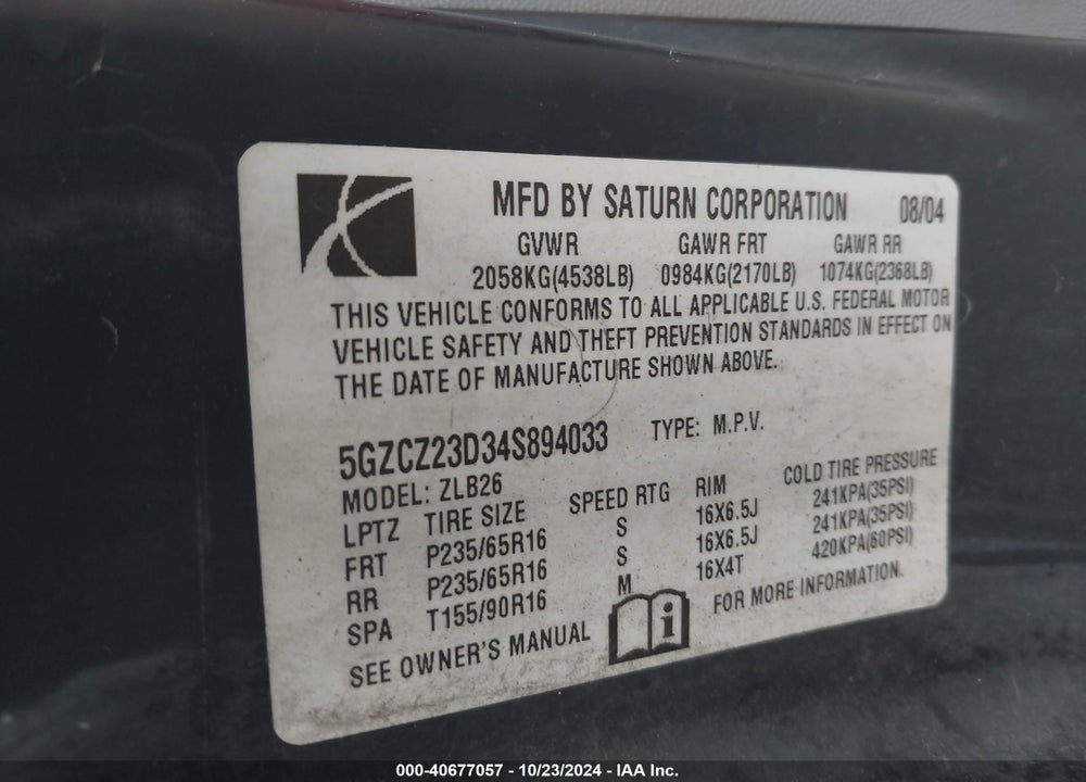 2004 SATURN VUE 4 CYL VIN: 5GZCZ23D34S894033