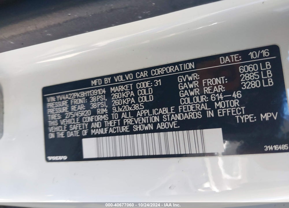 2017 VOLVO XC90 T6 MOMENTUM VIN: YV4A22PK8H1139104