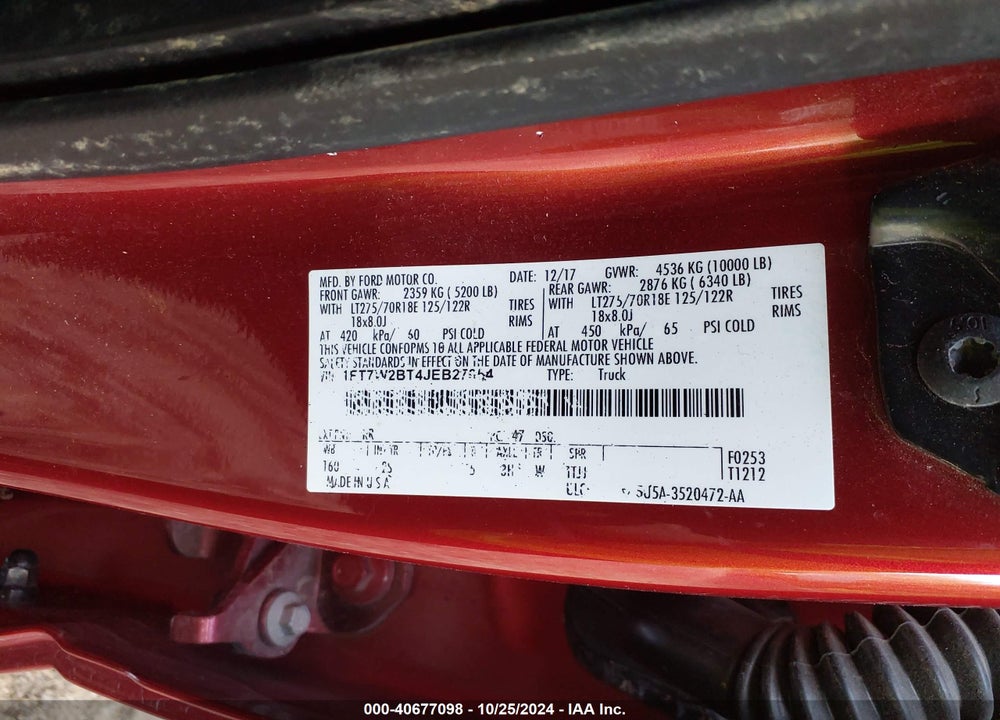 2018 FORD F-250 XLT VIN: 1FT7W2BT4JEB27354