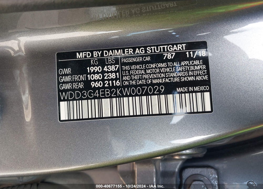 2019 MERCEDES-BENZ A 220 VIN: WDD3G4EB2KW007029