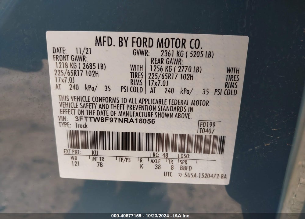 2022 FORD MAVERICK XLT VIN: 3FTTW8F97NRA16056