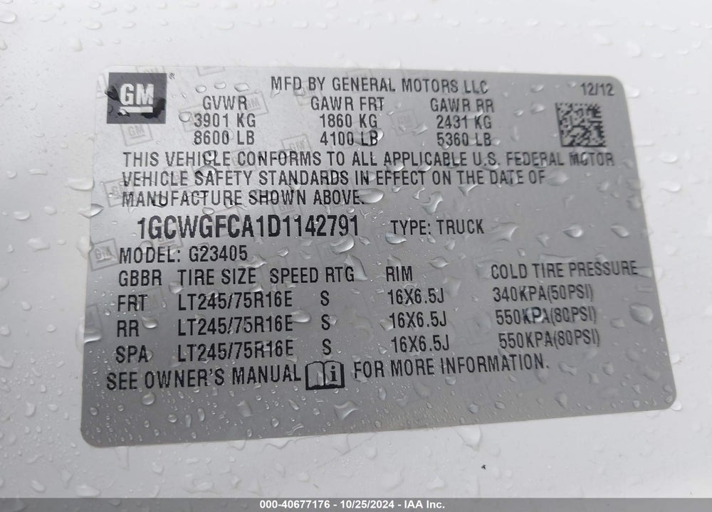 2013 CHEVROLET EXPRESS 2500 WORK VAN VIN: 1GCWGFCA1D1142791