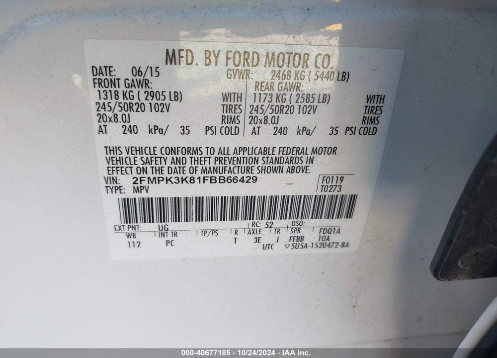 2015 FORD EDGE TITANIUM VIN: 2FMPK3K81FBB66429