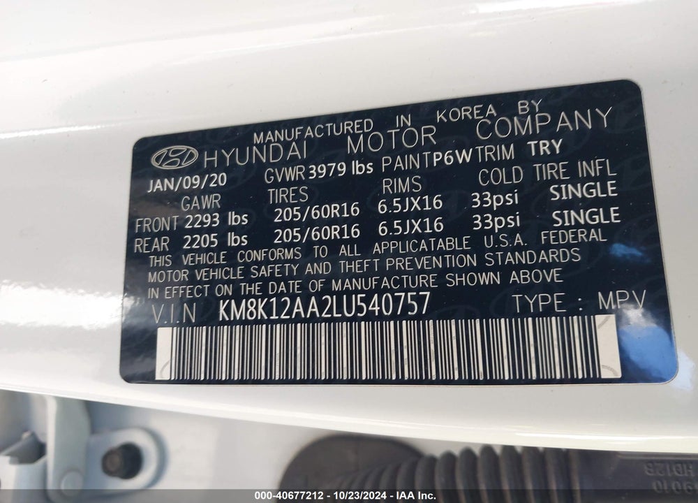 2020 HYUNDAI KONA SE VIN: KM8K12AA2LU540757