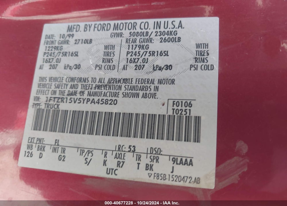 2000 FORD RANGER XL/XLT VIN: 1FTZR15V5YPA45820