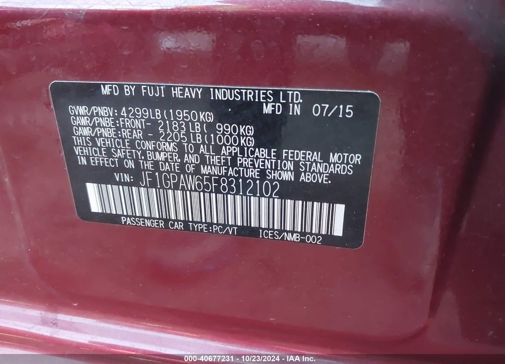 2015 SUBARU IMPREZA 2.0I SPORT LIMITED VIN: JF1GPAW65F8312102