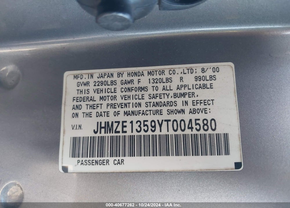 2000 HONDA INSIGHT VIN: JHMZE1359YT004580