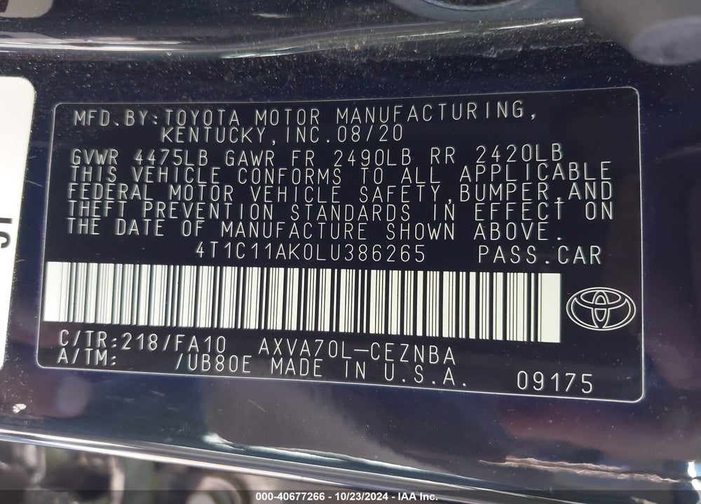 2020 TOYOTA CAMRY LE VIN: 4T1C11AK0LU386265