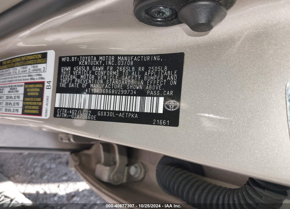 2008 TOYOTA AVALON LIMITED VIN: 4T1BK36B68U299734