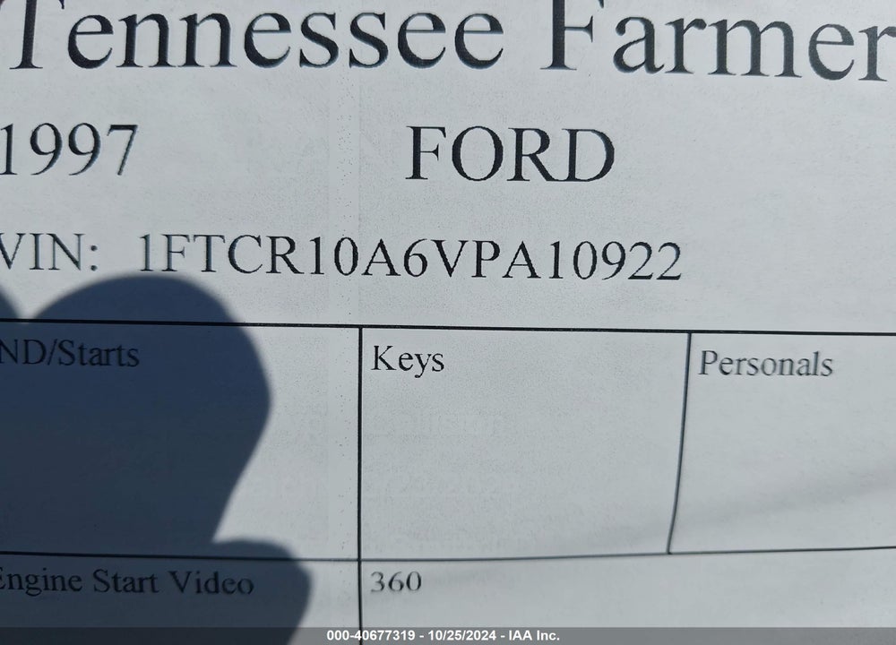 1997 FORD RANGER SPLASH/XL/XLT VIN: 1FTCR10A6VPA10922