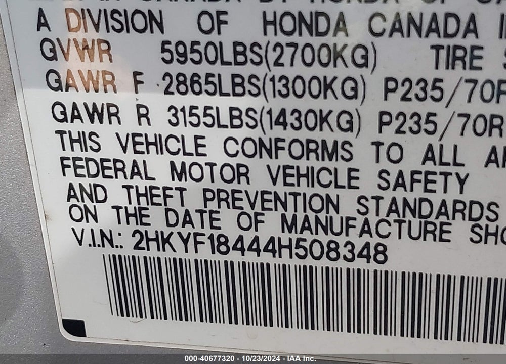 2004 HONDA PILOT EX VIN: 2HKYF18444H508348