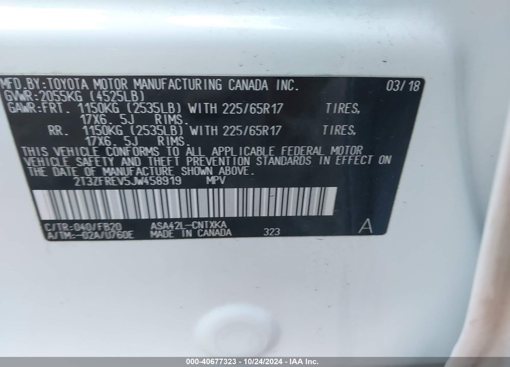 2018 TOYOTA RAV4 LE VIN: 2T3ZFREV5JW458919