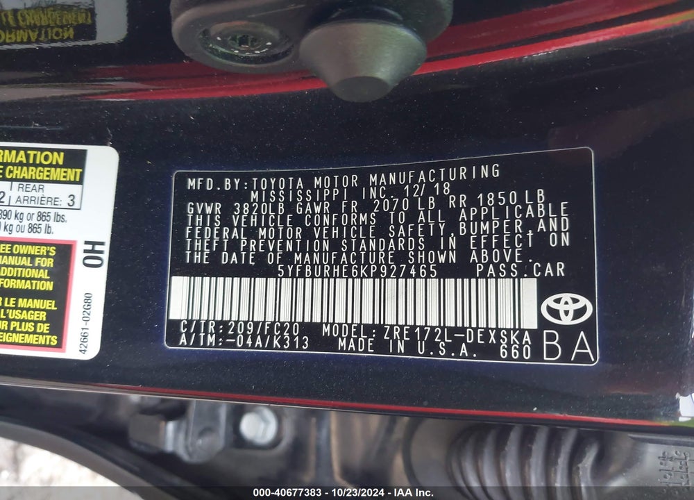 2019 TOYOTA COROLLA SE VIN: 5YFBURHE6KP927465