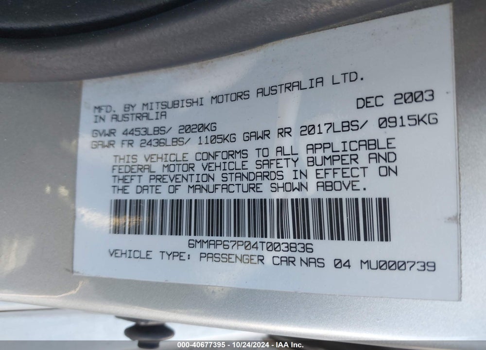 2004 MITSUBISHI DIAMANTE LS VIN: 6MMAP67P04T003836