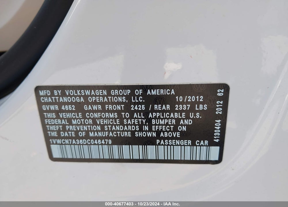 2013 VOLKSWAGEN PASSAT 2.0L TDI SEL PREMIUM VIN: 1VWCN7A36DC046479