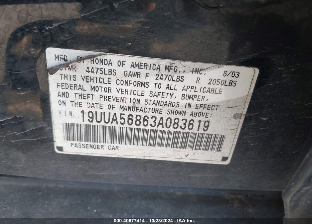 2003 ACURA TL 3.2 TYPE S VIN: 19UUA56863A083619
