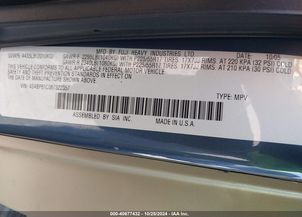 2006 SUBARU OUTBACK VIN: 4S4BP61C067322357