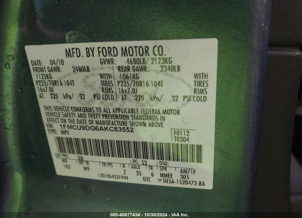 2010 FORD ESCAPE XLT VIN: 1FMCU9DG6AKC83552