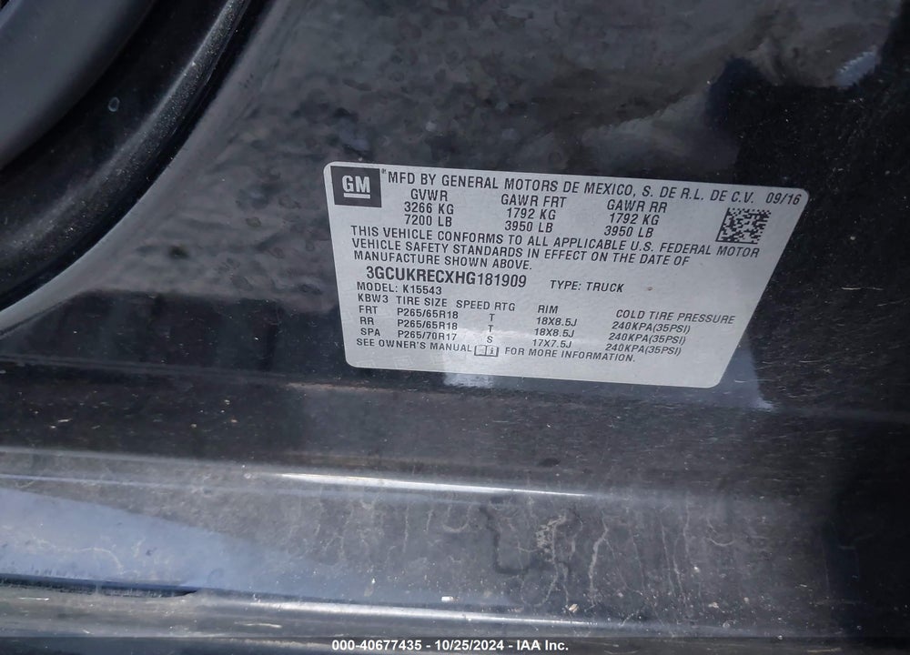 2017 CHEVROLET SILVERADO 1500 2LT VIN: 3GCUKRECXHG181909