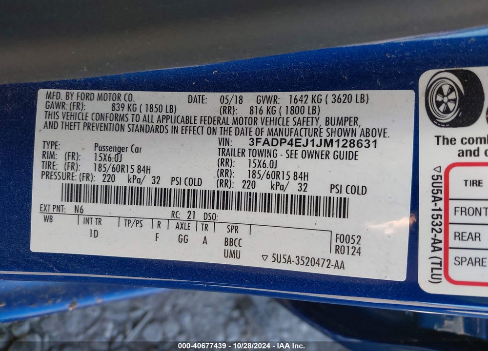 2018 FORD FIESTA SE VIN: 3FADP4EJ1JM128631