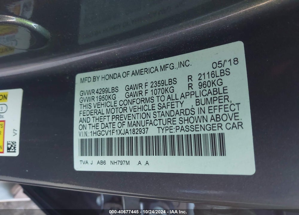 2018 HONDA ACCORD LX VIN: 1HGCV1F1XJA182937