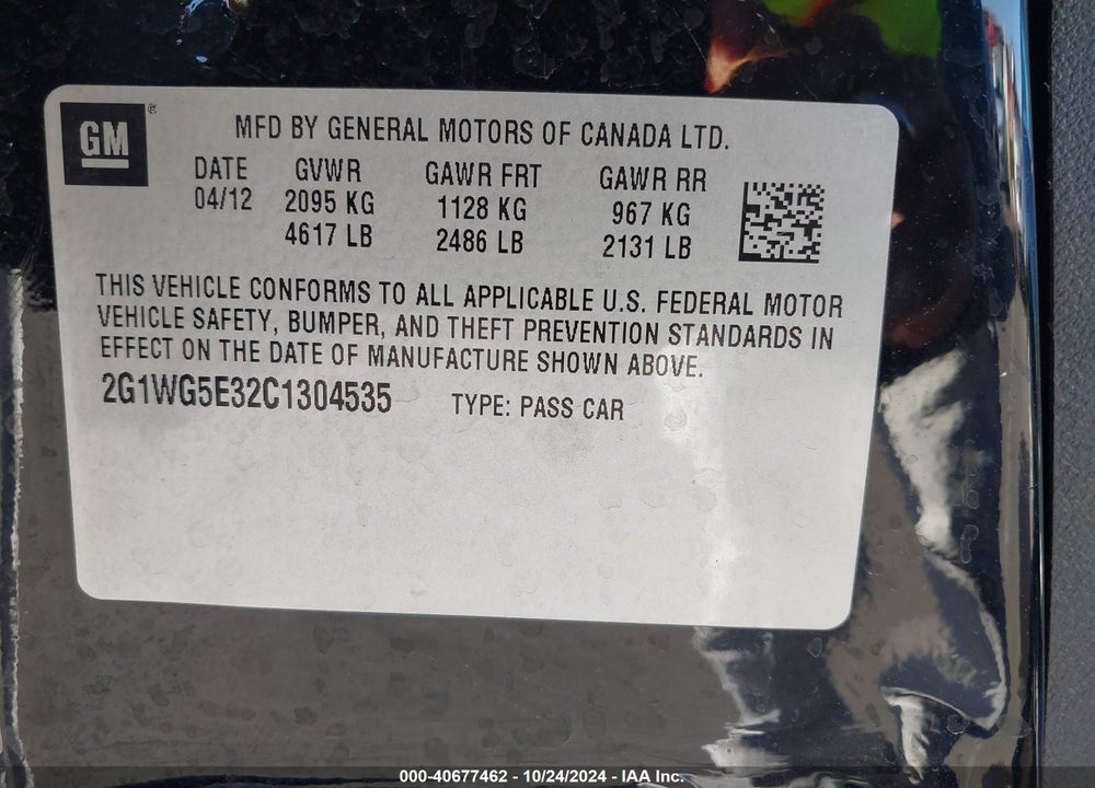 2012 CHEVROLET IMPALA LT VIN: 2G1WG5E32C1304535