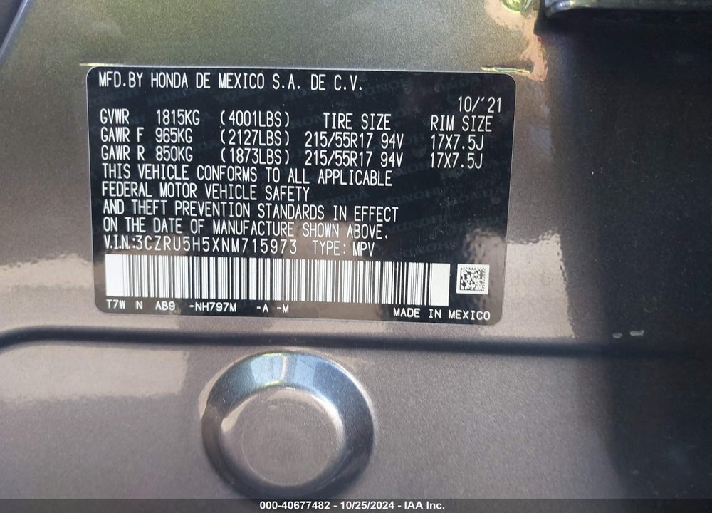 2022 HONDA HR-V 2WD EX VIN: 3CZRU5H5XNM715973