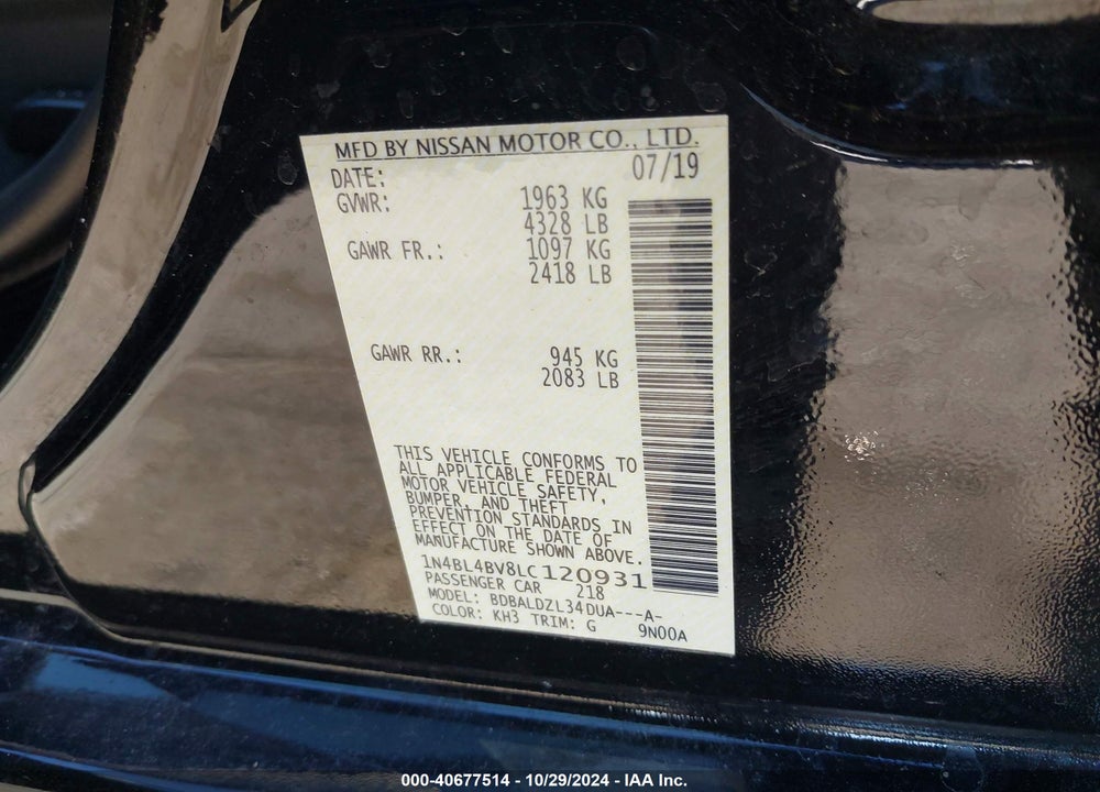 2020 NISSAN ALTIMA S FWD VIN: 1N4BL4BV8LC120931