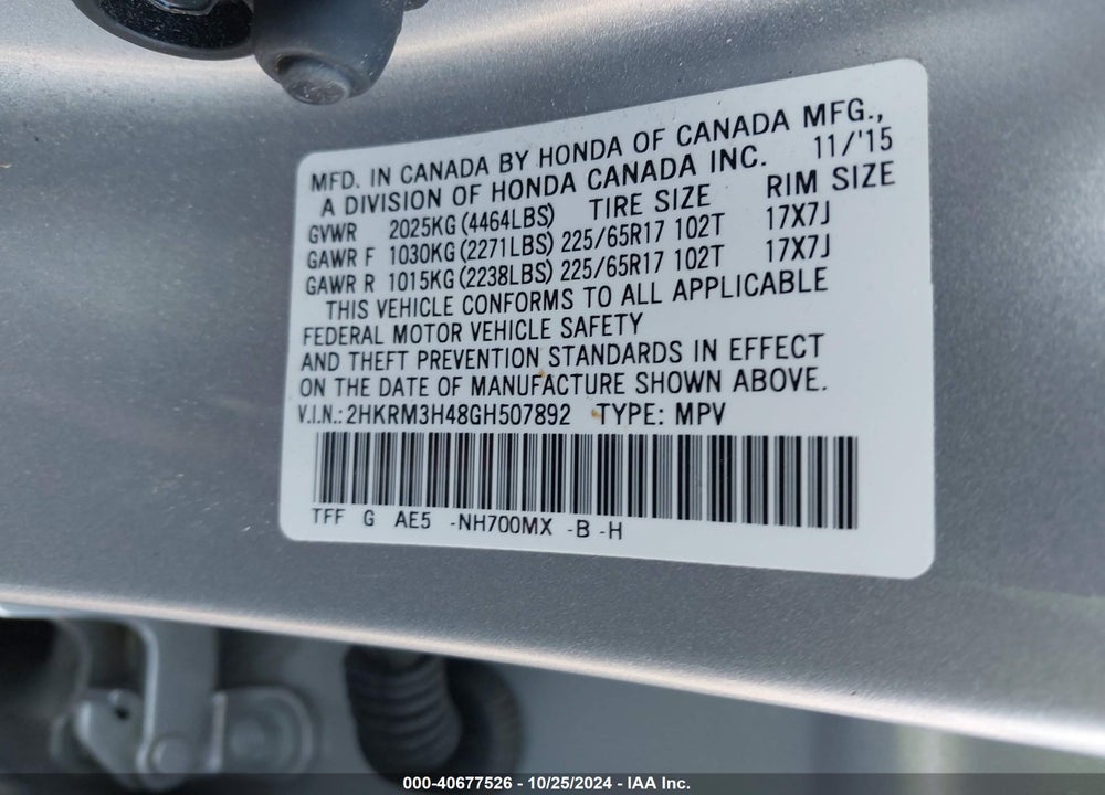 2016 HONDA CR-V SE VIN: 2HKRM3H48GH507892