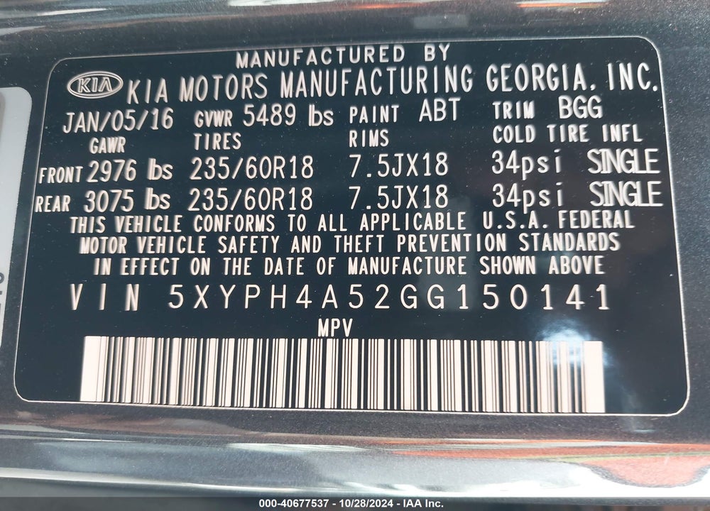 2016 KIA SORENTO 3.3L EX VIN: 5XYPH4A52GG150141