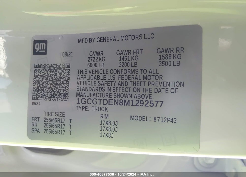 2021 CHEVROLET COLORADO 4WD SHORT BOX Z71 VIN: 1GCGTDEN8M1292577