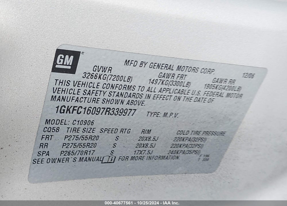 2007 GMC YUKON XL 1500 SLT VIN: 1GKFC16097R339977
